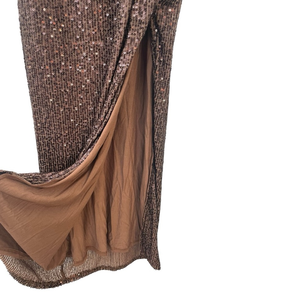 VICI Collection Sequin Dark Brown Maxi Spaghetti Strap Slip Slit Dress Sz S NWOT - Picture 4 of 5